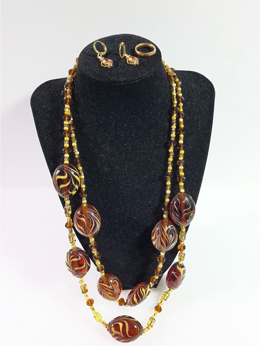 Handcrafted Amber Swirl Glass Bead Necklace Set - Brown/Gold